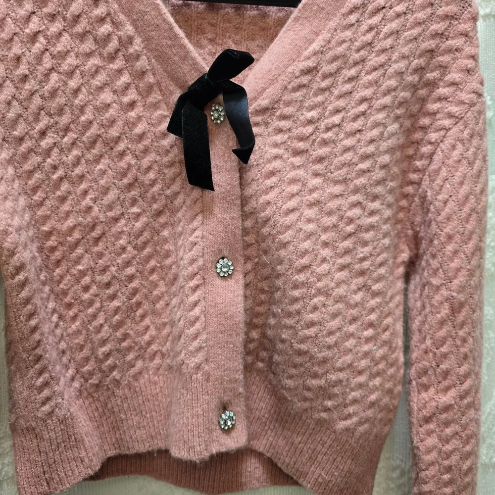 JCrew Crewcuts Girls Pink Merino Alpaca Cropped Cardigan Rhinestone Bow XL 12-13